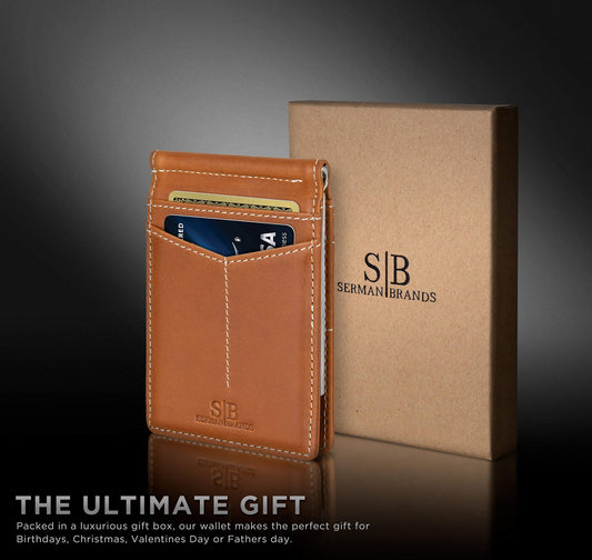 SERMAN BRANDS RFID Blocking Wallet Slim Bifold - Genuine Leather Minimalist Front Pocket Wallets for Men with Money Clip Gift (California Desert)