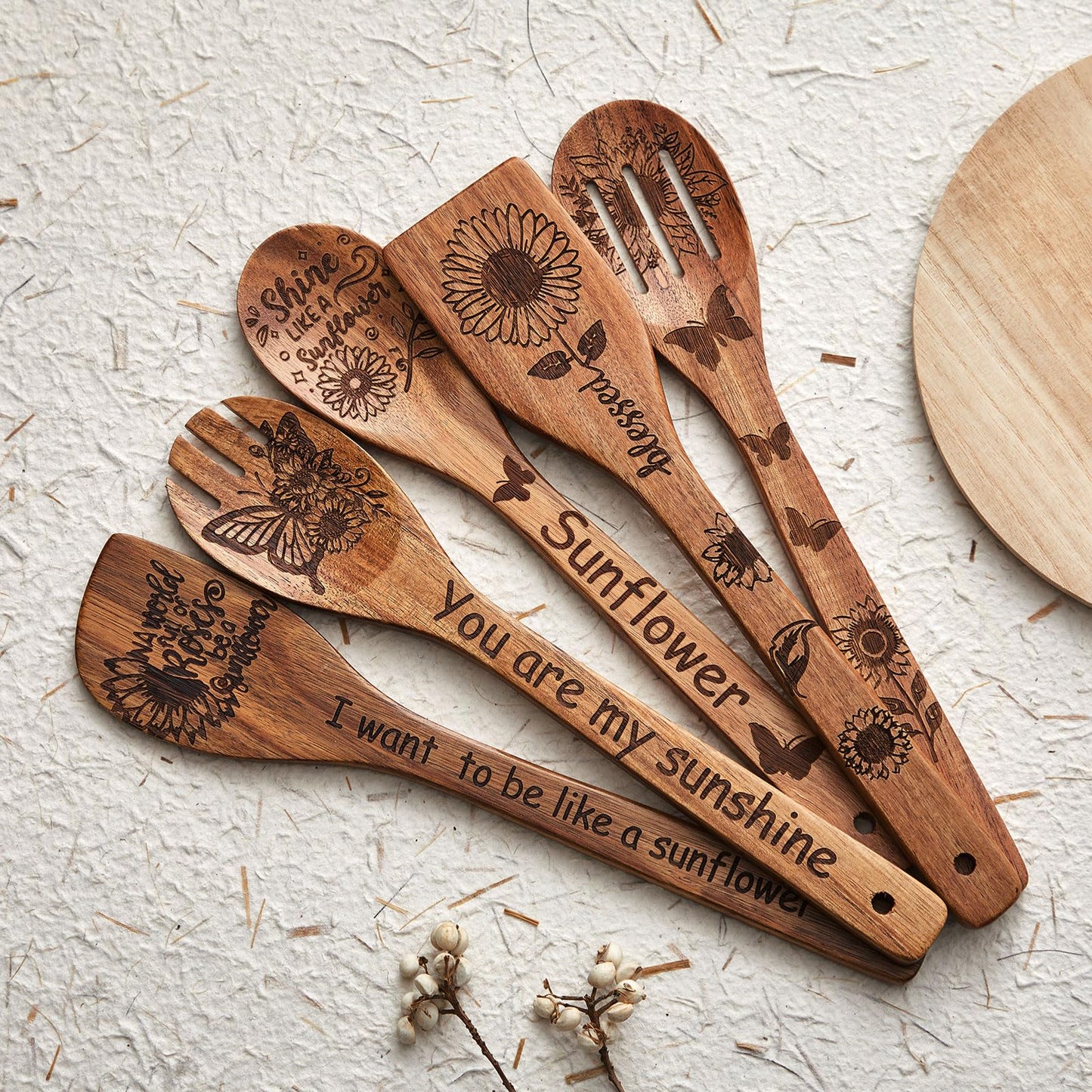 Remerry 6 Pcs Sunflower Gifts for Women Sunflower Kitchen Gift Set with Acacia Cooking Spoons Apron Kitchen Cooking Utensils Set for Mother's Day Housewarming Gift