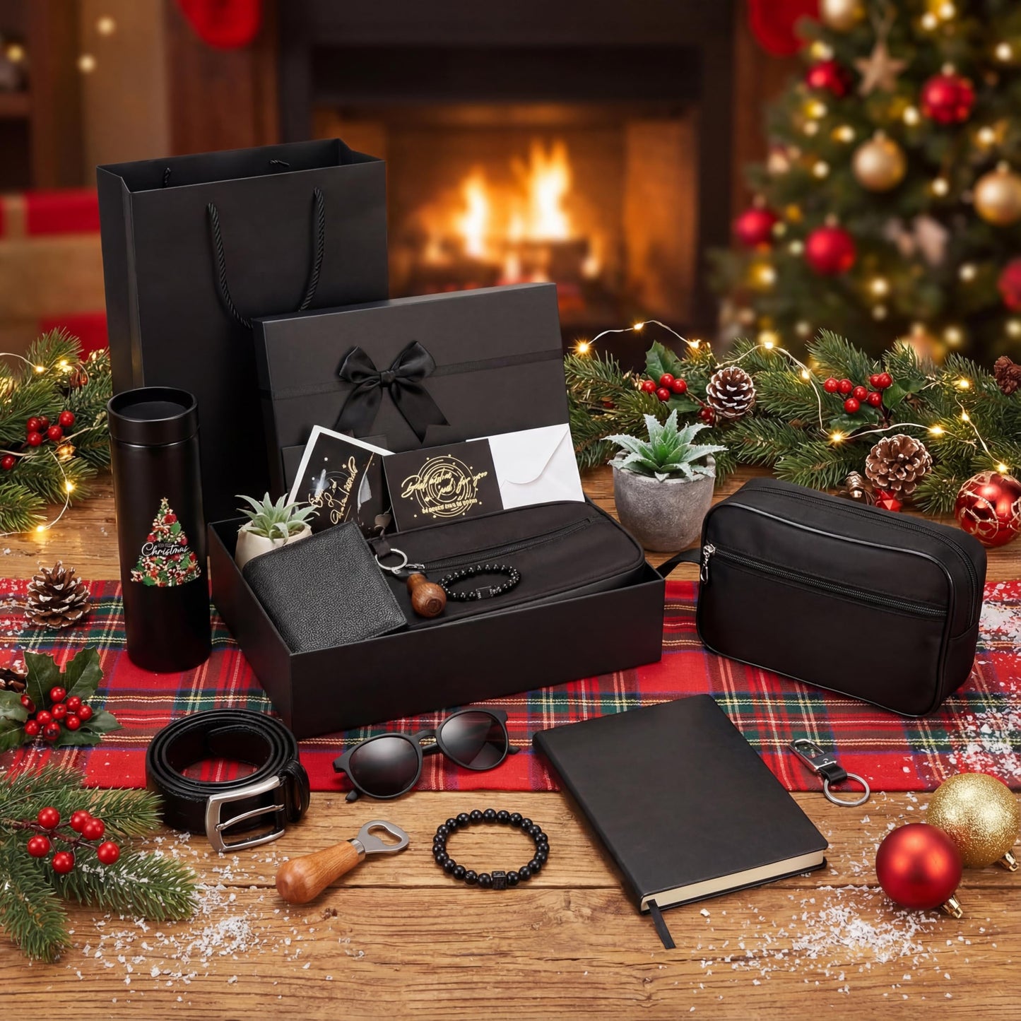 Skylety 12 Pcs Father Gift Basket for Men Birthday Gift Set 16 oz Tumbler Wallet Toiletry Bag Notebook Belt Thank You Present for Him Dad Husband Brother(Christmas Tree)