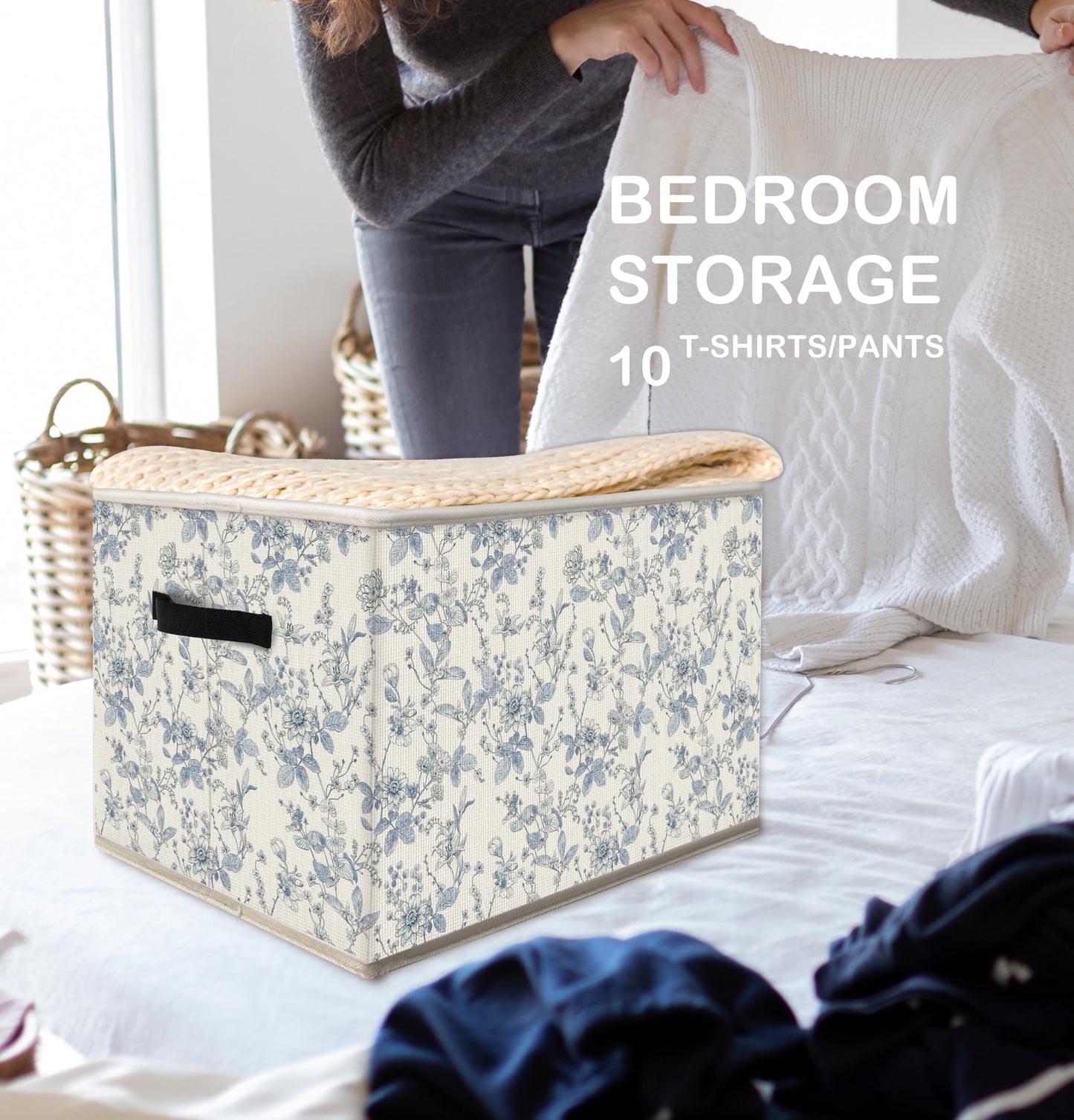 FDHSPAAM Blue and White Chinoiserie Storage Bins Box with Handles, Grandmillennial Flower Plant Botanical Collapsible Fabric Storage Basket Box Organizer for Bedroom Bathroom Clothes Toys Books