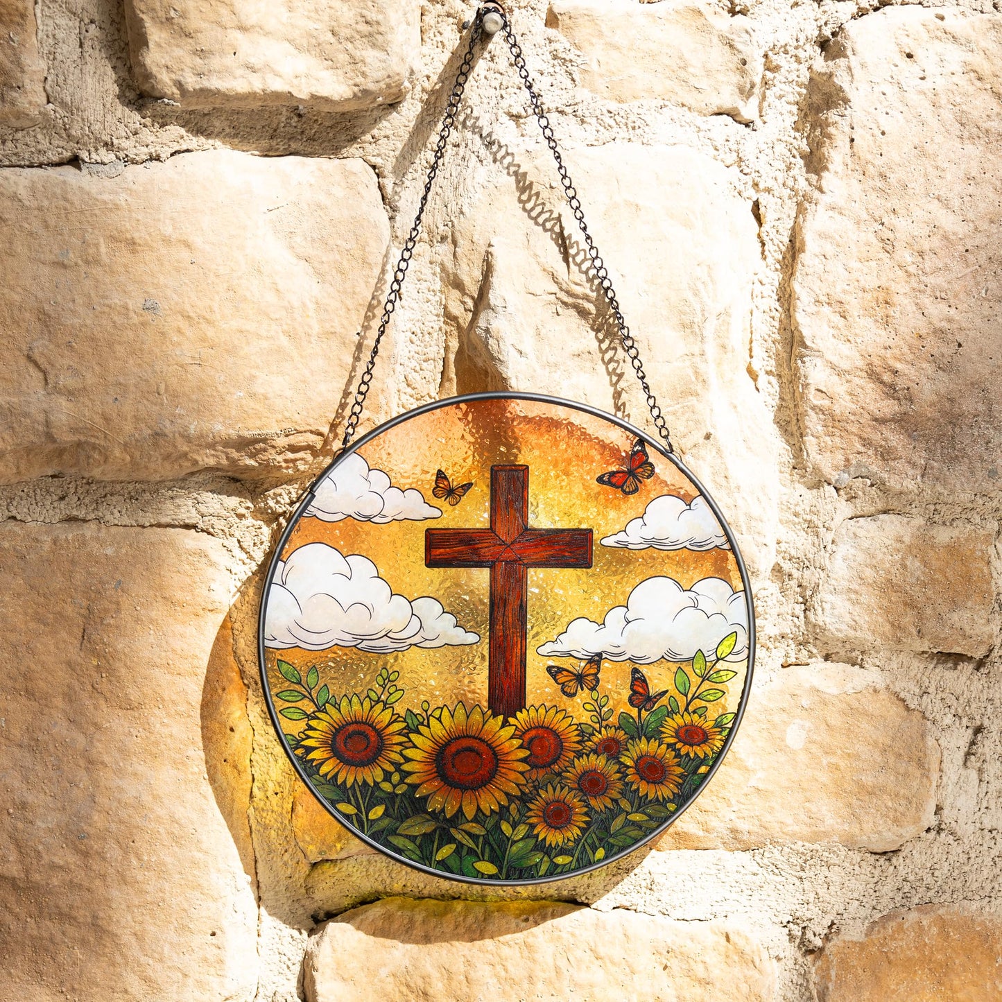 8 Inch Stained Glass Cross Suncatcher with Sunflower & Butterfly Christian Gifts for Women Religious Window Hanging Decor Unique Catholic Easter Birthday Gifts for Mom Grandma (Brown, Medium)