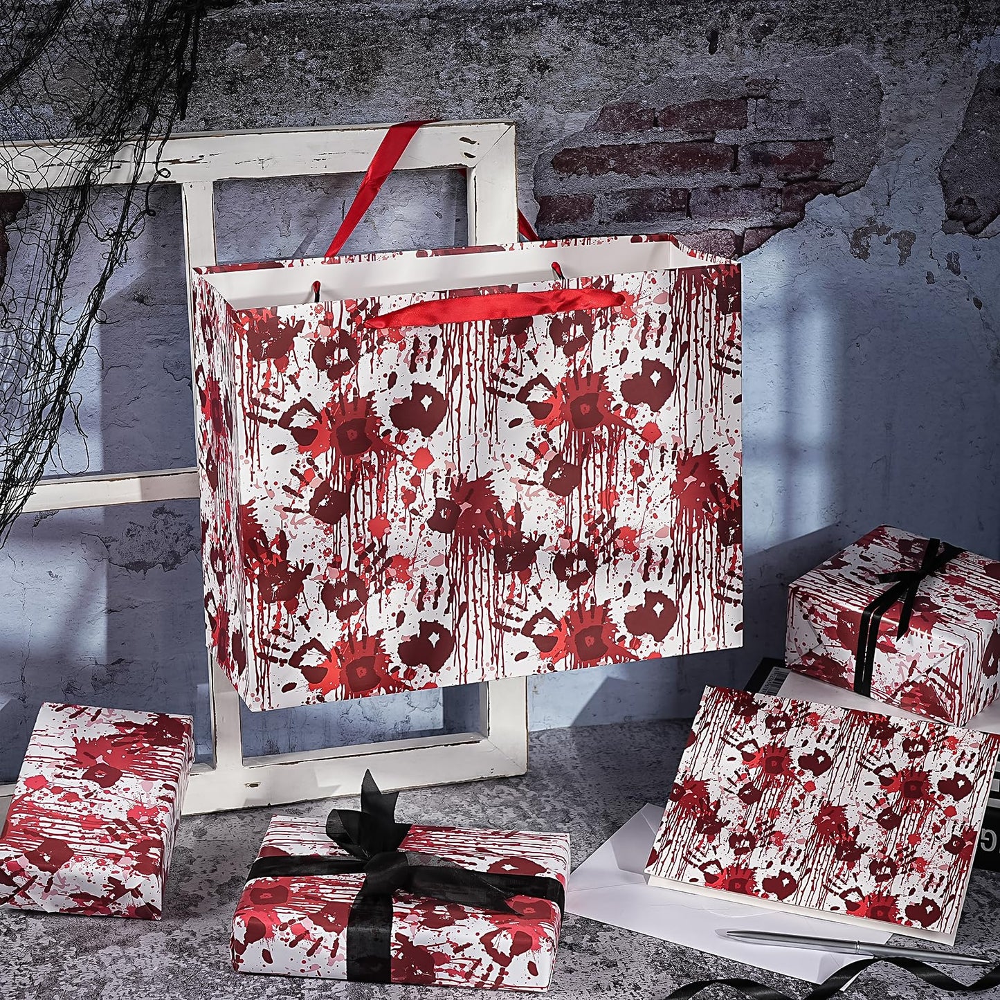 WRAPAHOLIC Bloody Halloween Large Gift Bags with Tissue Paper and Card - 10 x 5 x 13 inch - Spooky Blood Splatter and Handprint Halloween Paper Bags for Holiday, Party Gift Wrap (Pack of 2)