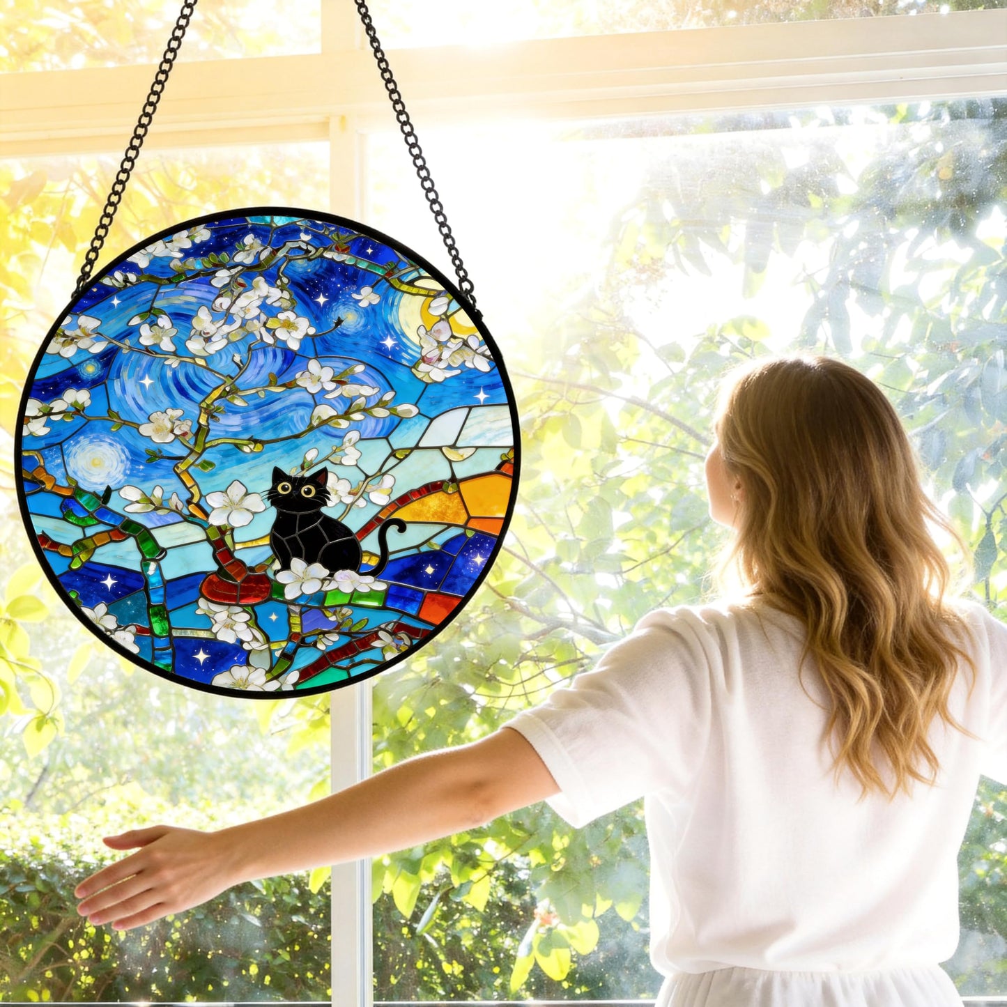 ubcindy Sakura Black Cat Stained Glass Window Hanging, 8'' The Starry Night Art Stained Glass Suncatcher Wall Door Home Decor, Cherry Blossom Sun Catcher for Women Mom Men Office Friends Yoga Gifts