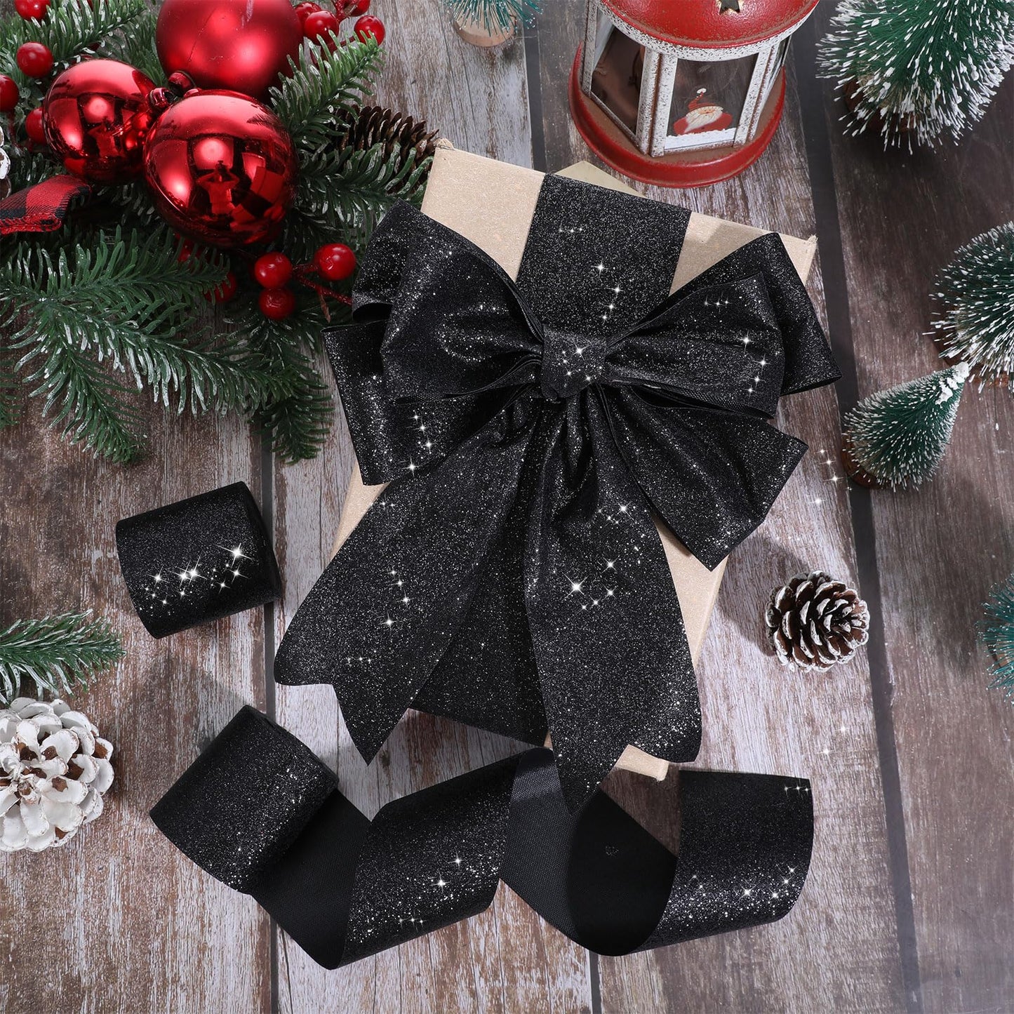 LOYIM Black Glitter Ribbon 20 Yards Shiny Wrapping Cut Edge Ribbon for Gift Wrapping Crafts Wreath Tree Decoration Holiday DIY Party Wedding Home(2 Inch Wide,Black)