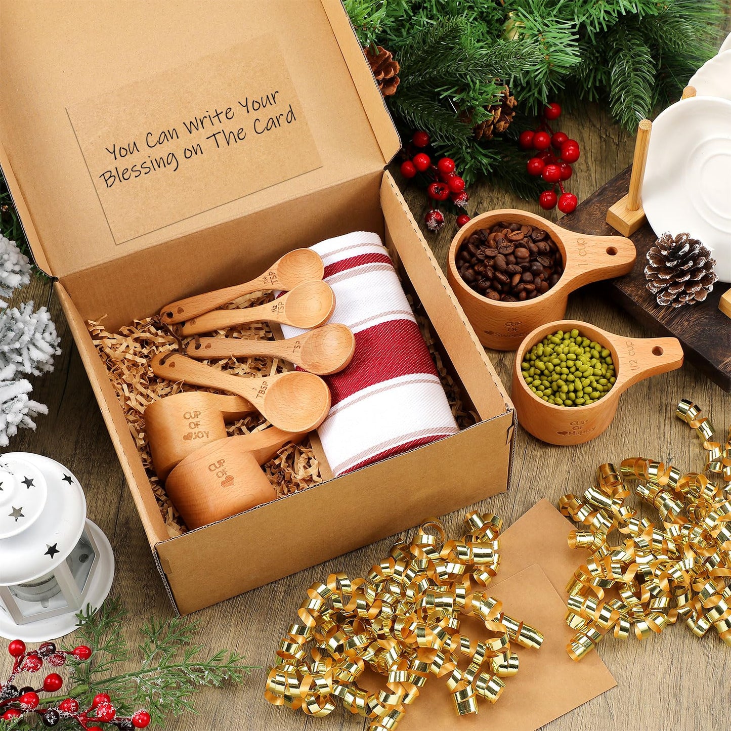 Reallnaive 14 Pcs Christmas Wooden Baking Gift Set - Wooden Measuring Cups and Spoons, Baking Towel, Greeting Card, Self-adhesive Curly Bows for Women, Dry Measuring Ingredient Christmas Kitchen Gift