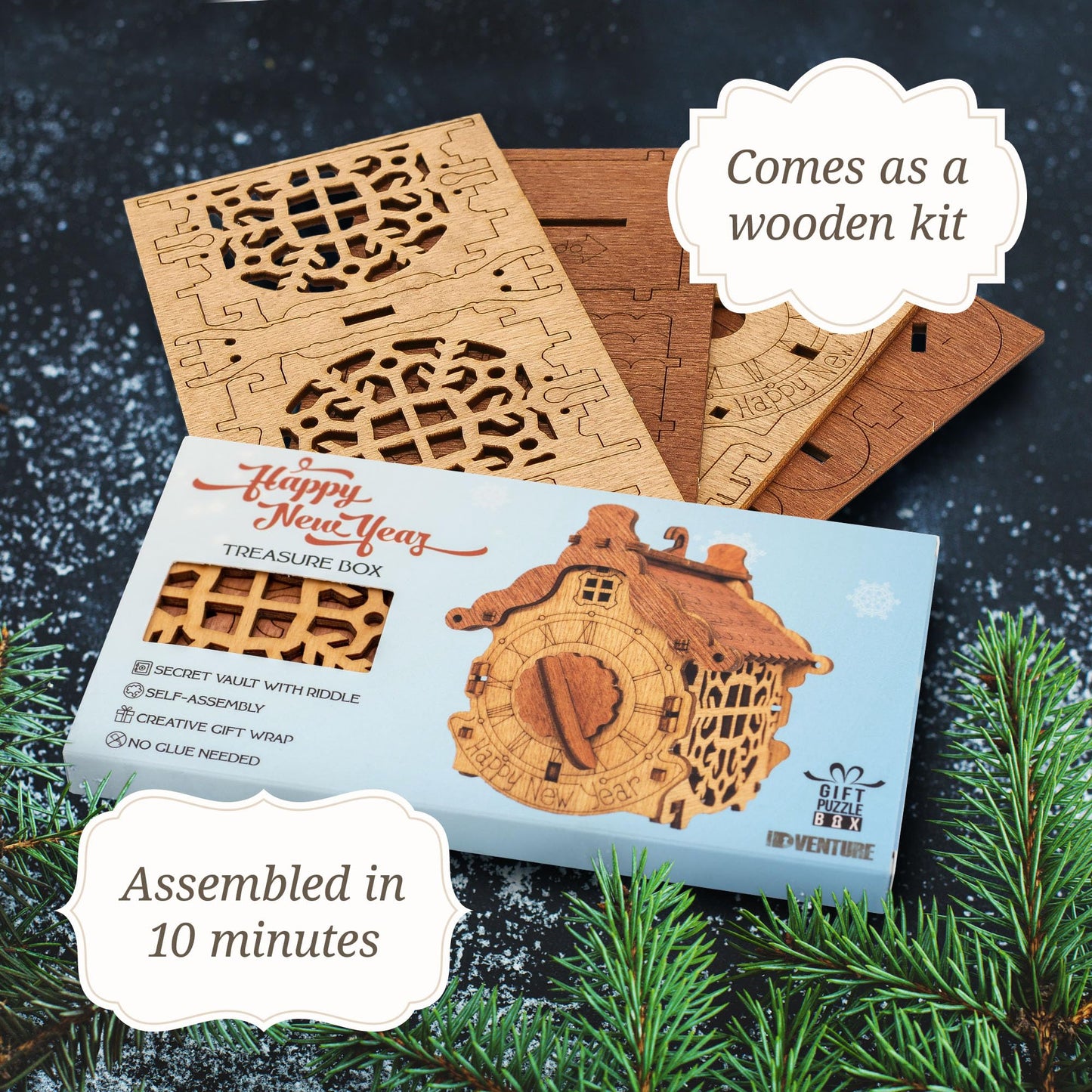 iDventure Happy New Year Treasure Box - Wooden 3D Puzzle with a Secret - Christmas Decoration Tree Toy - Cryptex - Gift Money Box for Cash - Escape Room Game
