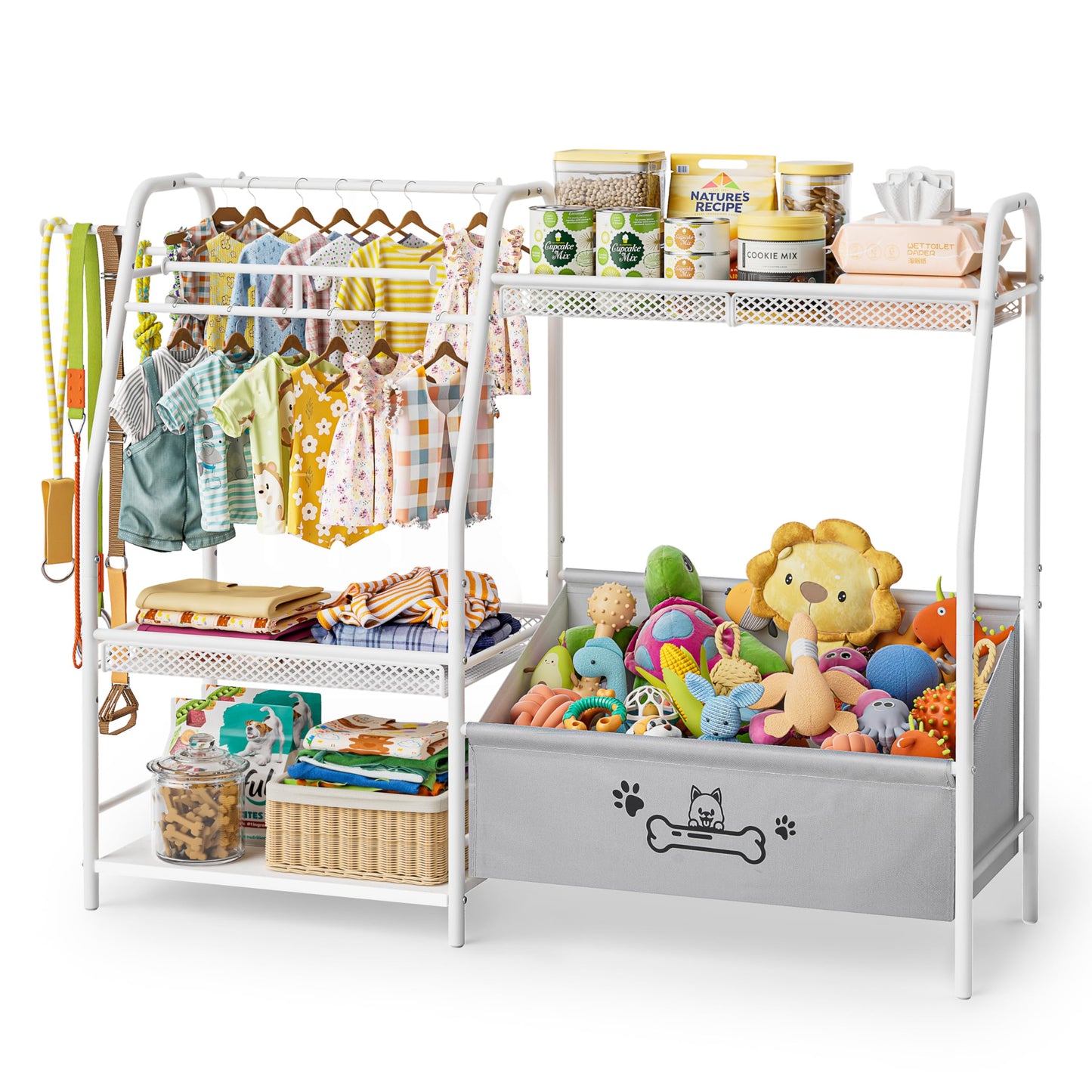 Large Dog Toy Basket with Dog Storage Organizer, Trapezoid Dogs Toy Bin Box with Collar Leash Holder Hook, Toy Holder Chest Pet Storage Cabinet for Living Room, Dogs Essentials for Pet Lovers Gift