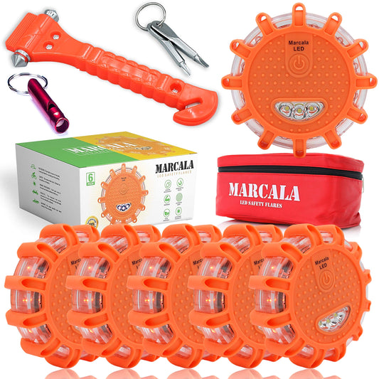 Marcala 6‑Pack LED Road Flares | DOT Compliant Emergency Lights for Vehicles with Batteries, Whistle & Case | Flares Emergency Road | Emergency Flares | Perfect For Gifting or Everyday Roadside Safety