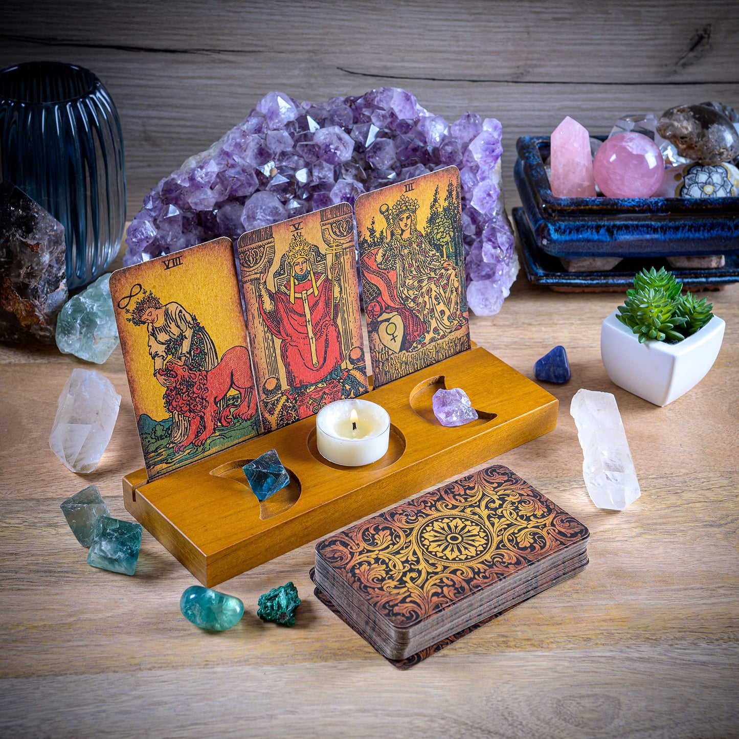 Curawood Tarot Card Holder Stand - Display Your Daily Draw - Witchy Gifts for Women, Tarot Accessories, Wiccan Altar Supplies, Witchcraft Decor, Divination Tools - 3-Card Stand with Etched Moon
