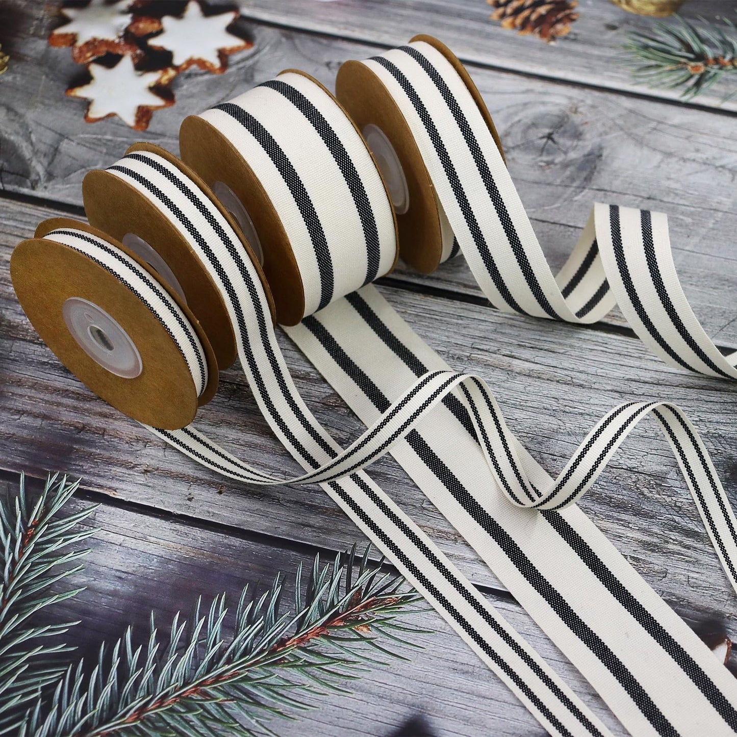 YERELO 10Yard x 4Roll Set Cotton Stripe Ribbon Black and White Stripe Ribbons for Christmas Tree Crafts,Wedding Wreath,Gift Wrapping,Decoration and DIY Handmade Hair Bows