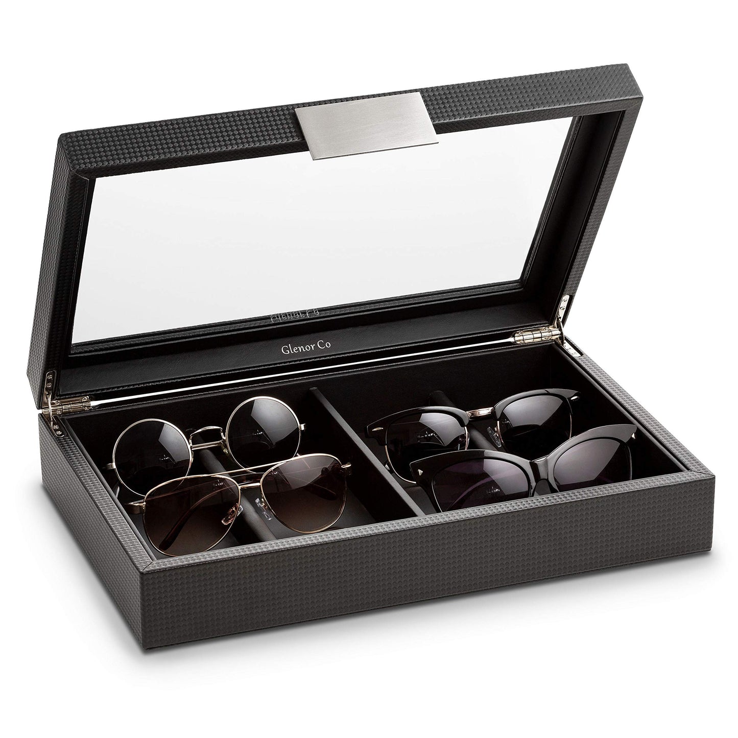 Glenor Co Sunglasses Organizer Case - 8 Slot Storage Holder to display Sunglass/Eye Glasses - Modern Box with Clear Glass Top and Metal Buckle for Men and Women - Carbon Fiber Leather Design - Black