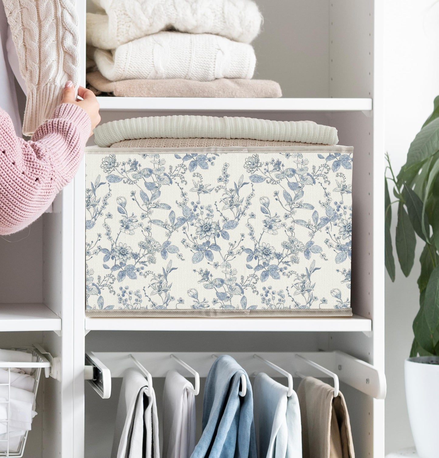 FDHSPAAM Blue and White Chinoiserie Storage Bins Box with Handles, Grandmillennial Flower Plant Botanical Collapsible Fabric Storage Basket Box Organizer for Bedroom Bathroom Clothes Toys Books