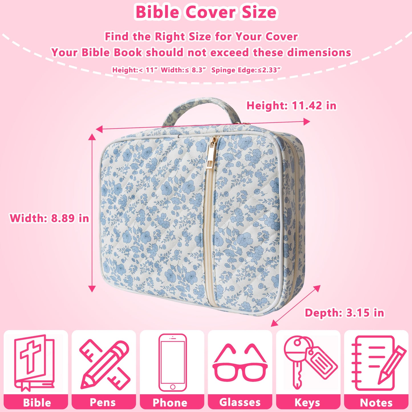 CasaRovela Bible Cover for Women, Large Quilted Case with Handle, Durable Bag and Carrying Case for Girls, Study Supplies Accessories, Christian Gift for Women (Blue Flower, Large)