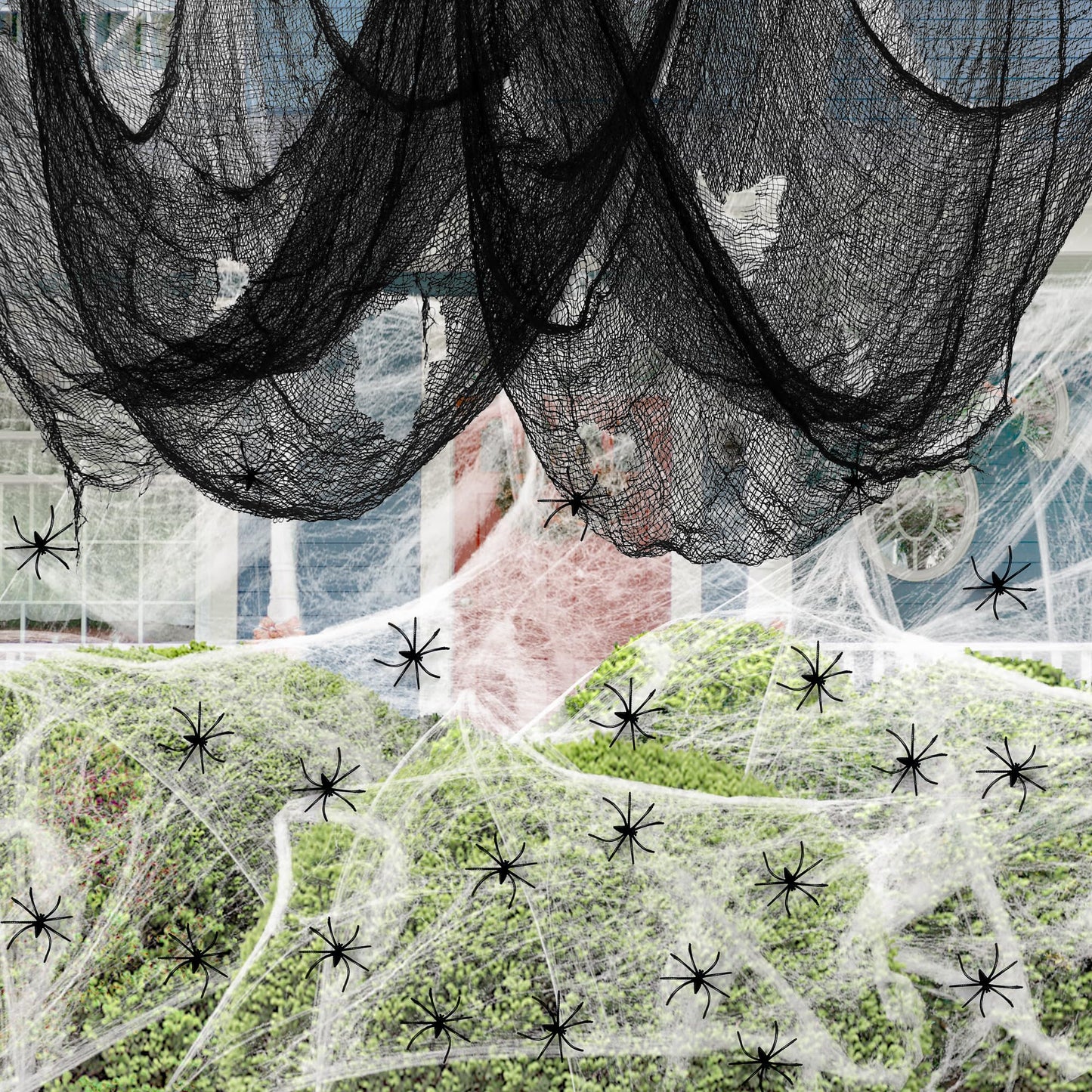 Nirohee 30x433 In Halloween Spider Web Black Creepy Cloth,900 Sqft Spider Webs Halloween Decorations with 100 Fake Spiders,Scary Spooky Gauze with Holes for Haunted House,Yard,Wall,Lawn,Garden,Horro