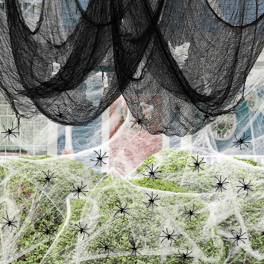 Nirohee 30x433 In Halloween Spider Web Black Creepy Cloth,900 Sqft Spider Webs Halloween Decorations with 100 Fake Spiders,Scary Spooky Gauze with Holes for Haunted House,Yard,Wall,Lawn,Garden,Horro