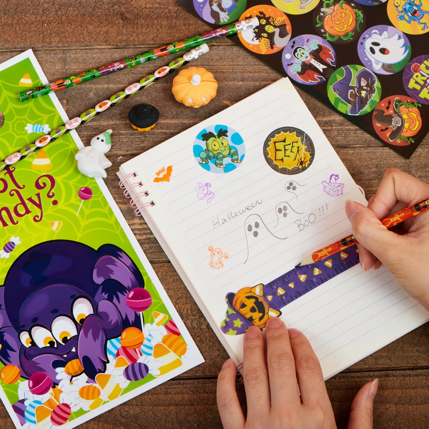 JOYIN 144 Pieces 24 Pack Assorted Halloween Themed Stationery Kids Gift Set Trick Treat Prize Party Favor Toy Including Halloween Pencils, Rulers, Stickers, Stamps and Erasers in Trick or Treat Bags