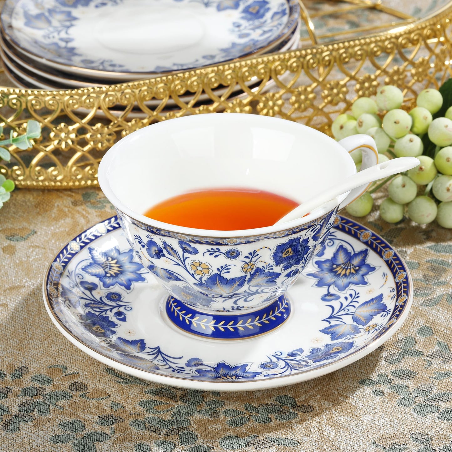 fanquare Porcelain Tea Sets,Blue British Coffee Cups& Saucer Service for 6, with Teapot,Sugar Bowl,Creamer Pitcher and Golden Metal Rack