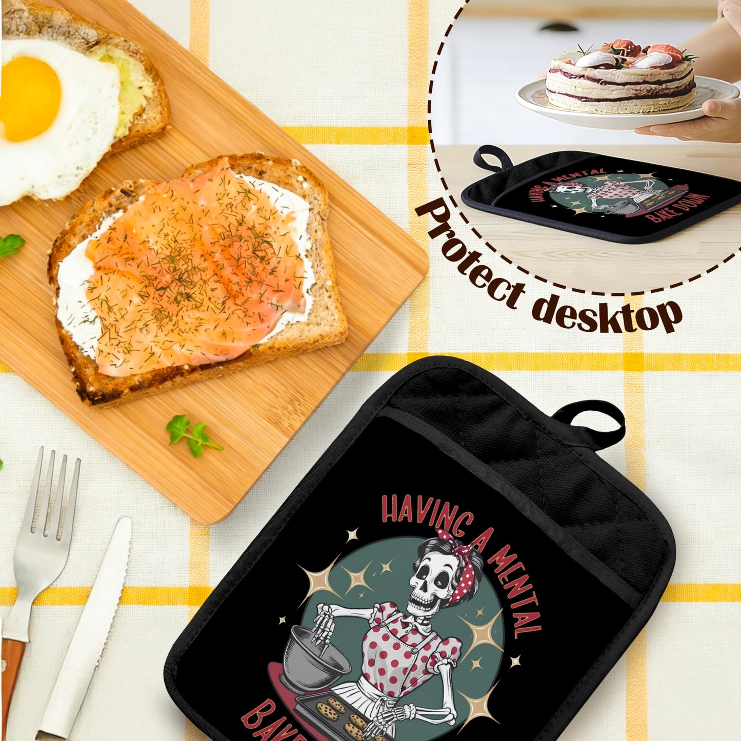 ADWHNHJY Sarcastic Gothic Skeleton Baker Pot Holders Heat Resistant, Baking Gifts for Women, Funny Humor Gothic Skull Oven Potholder Hot Pads for Kitchen Countertops Baking Cooking