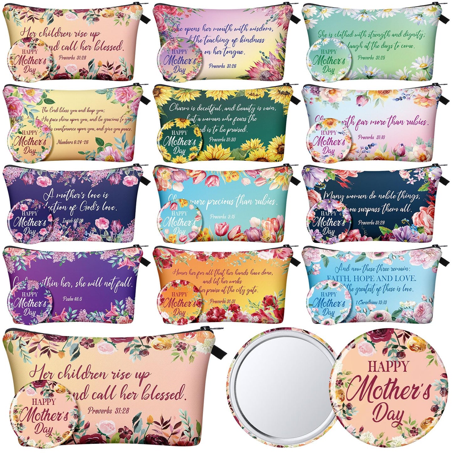 Kacctyen 144 Pcs Christian Mother's Day Bulk Gifts Inspirational Canvas Makeup Bags Compact Mirrors Bulk Christian Bible Verse Church Religious Prayer Gifts for Moms Women Church Mother's Day