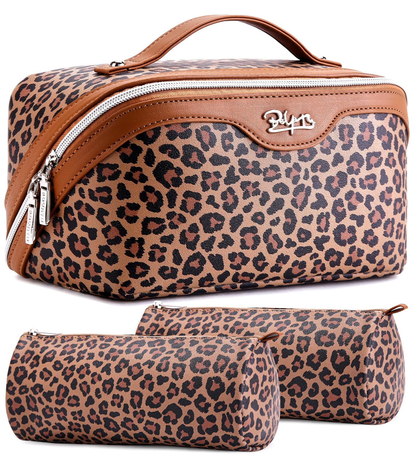 BOYATU Travel Makeup Bag for Women: 3-in-1 Modular Leopard Print Cosmetic Bag Set for 3-15 Day Trips - Waterproof Vegan Leather Toiletry Bag - Perfect for Party/Festival/Night Out - Gift Box - Brown
