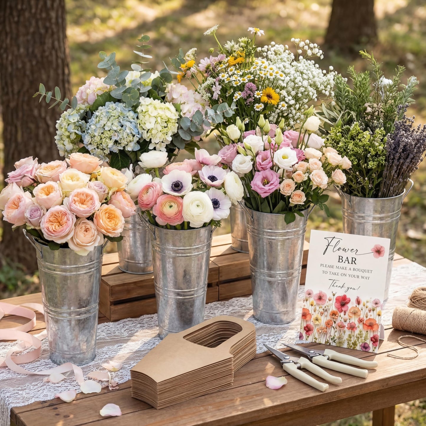 LEIFIDE Flower Bar Buckets Set Kit Bloom Bar Supplies Include Wood Sign Gift Bags Iron Bucket Garden Flower Shears for Wedding Bridal Shower Graduation Birthday Table Centerpieces(39 Pcs,Silver)
