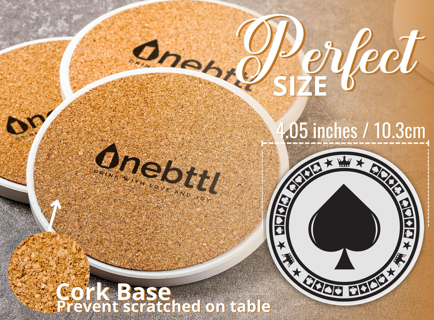 Onebttl Poker Gifts, Funny Casino Gifts for Poker Lovers, Poker Gifts for Men, 6pcs Pack Bar Coasters, Ceramic, Absorbent with Cork Base