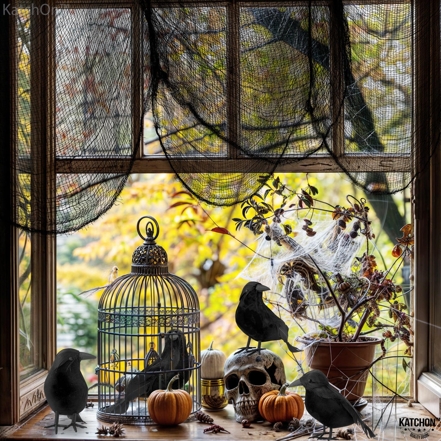 Halloween Creepy Cloth and Crows - Pack of 7 and Black and White Stripe Balloons - 18 Inch, Pack of 10 | Black and White Striped Balloons, Halloween Decorations | Halloween Crows and Raven Decorations