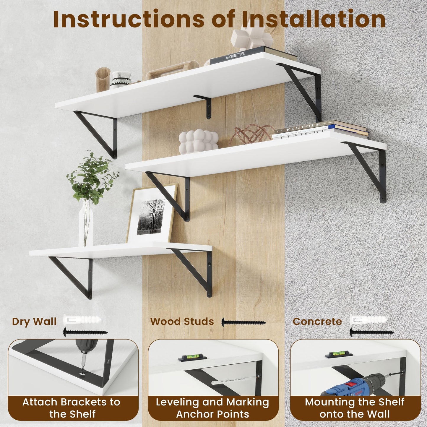 Acovy Floating Shelves for Wall Decor,24" Wx8 D Wall Mount Floating Bookshelf Set of 2,Hanging Storage Shelf with Sturdy Metal Brackets,Wooden Shelf for Living Room,Bedroom,Bathroom,White