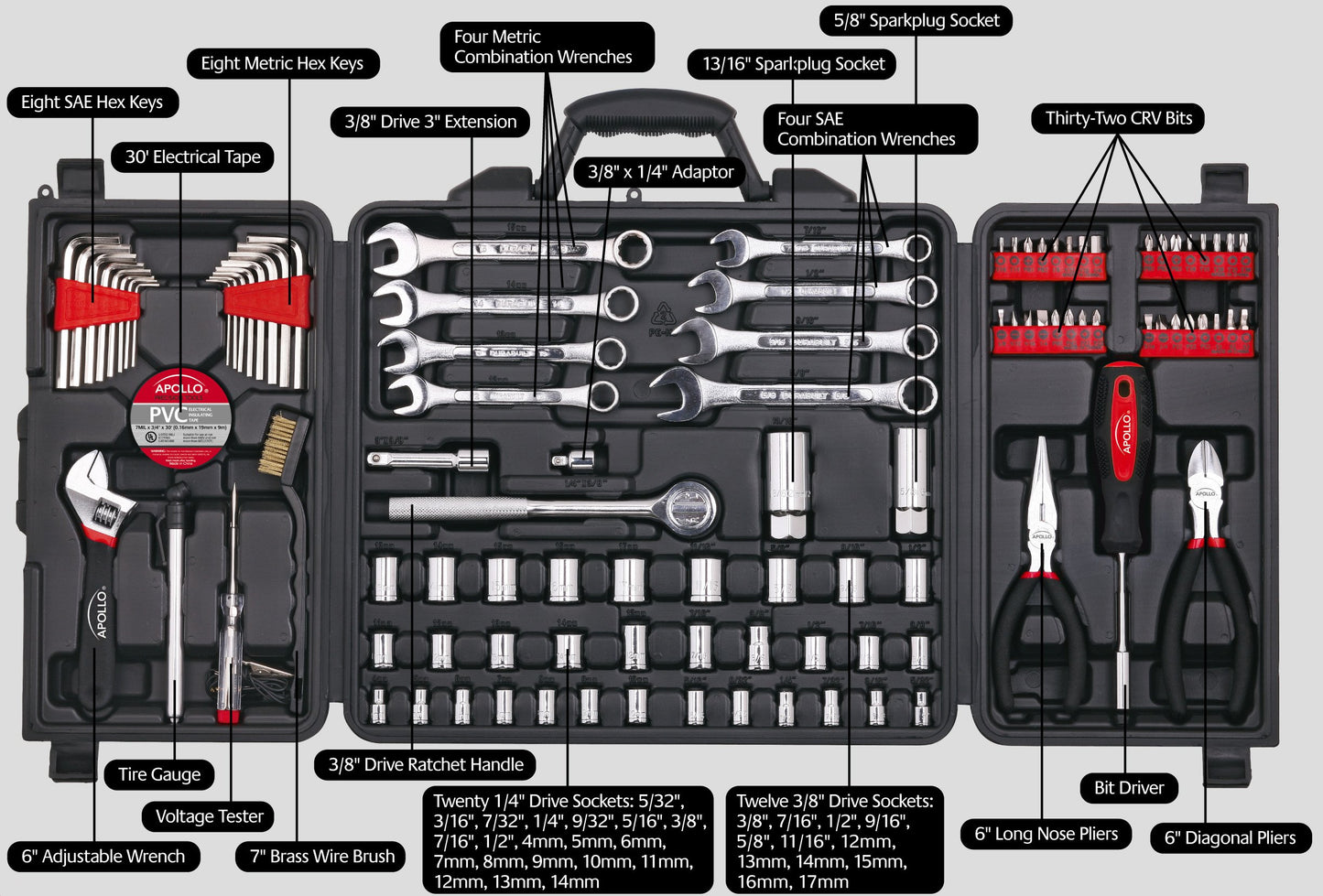 Apollo Tools 101 Piece Mechanic Tool Set for Roadside Emergencies. SAE and Metric for Mechanical Repairs for Boating, RV, Bikes, in Compact Carrying Case - Red - DT0006