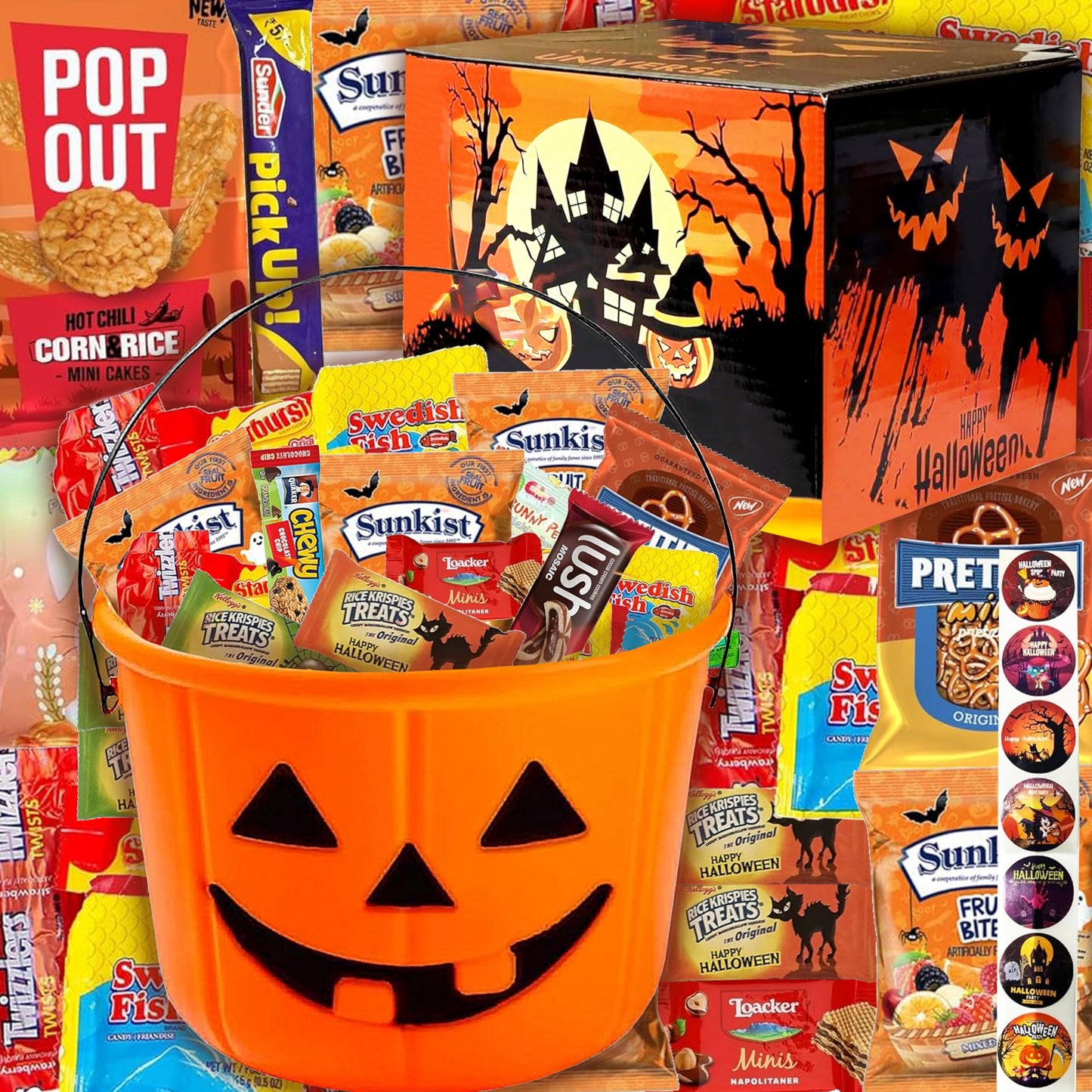 Halloween Assorted Pumpkin Bucket (44 Count) Filled with Candies, Snacks, Cookies and more, Treats for Family, Friends, Kids, Boys and Girls