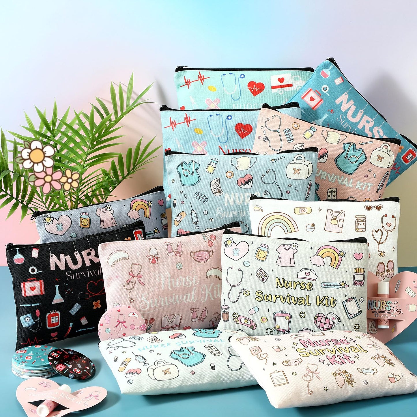 Liliaafar 12 Sets Nurse Week Gifts Bulk for Women Nurse Survival Kit Nursing Appreciation Makeup Bags with Zipper Cosmetic Bags Small Round Mirrors with Cute Lip Balm and Inspirations Cards