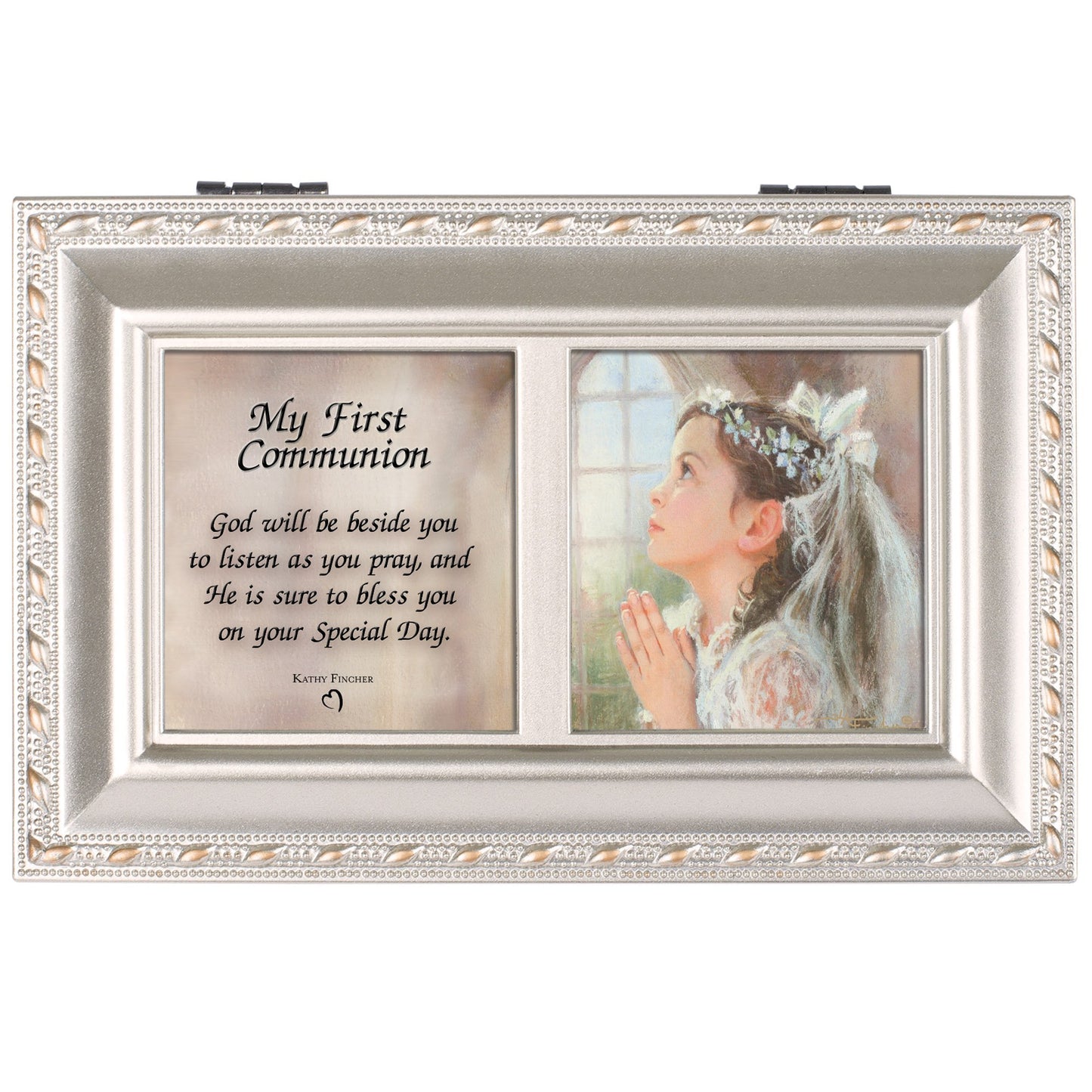 Cottage Garden First Communion God Beside You Brushed Silvertone Jewelry Music Box Plays Amazing Grace