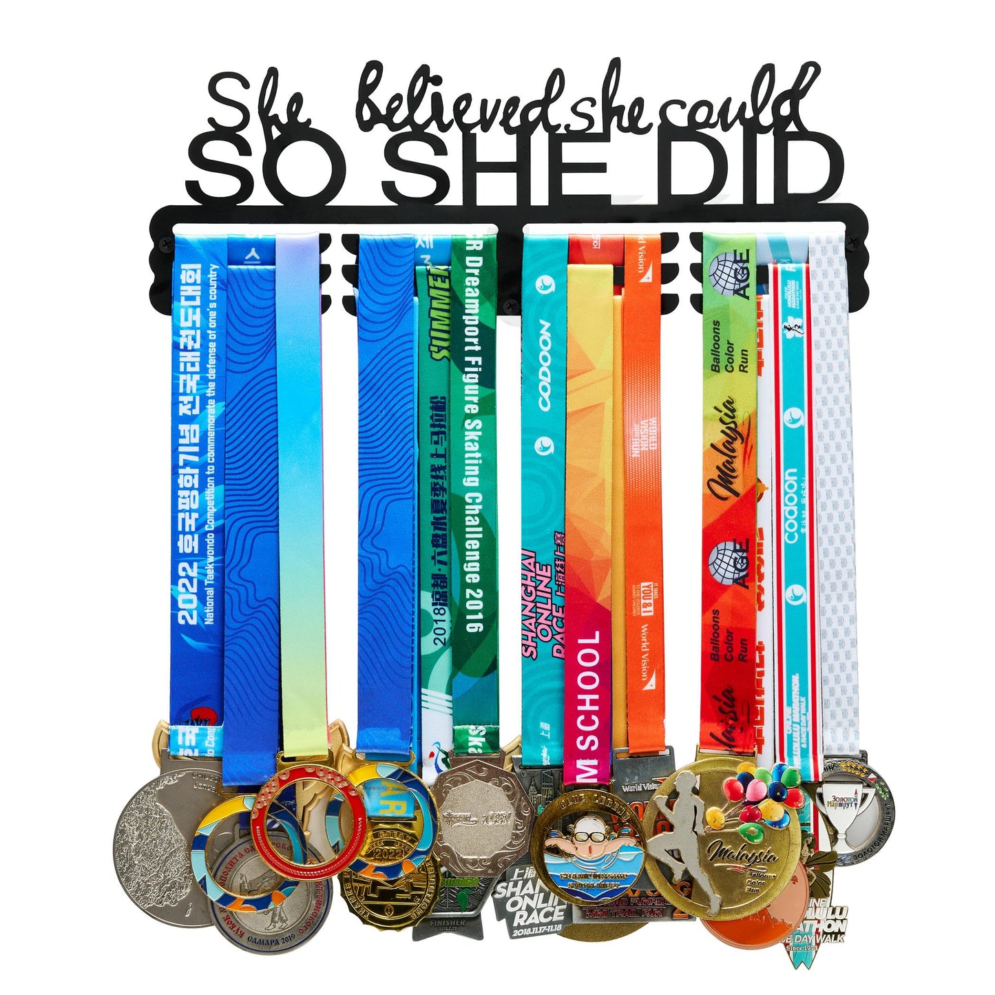She Believed She Could So She Did Medal Hanger Display for Wall | Holds 60+ Medals | Sturdy Black Steel Sports Medal Holder Rack for Runners, Gymnastics, Dance | Inspirational Gift for Girls & Women