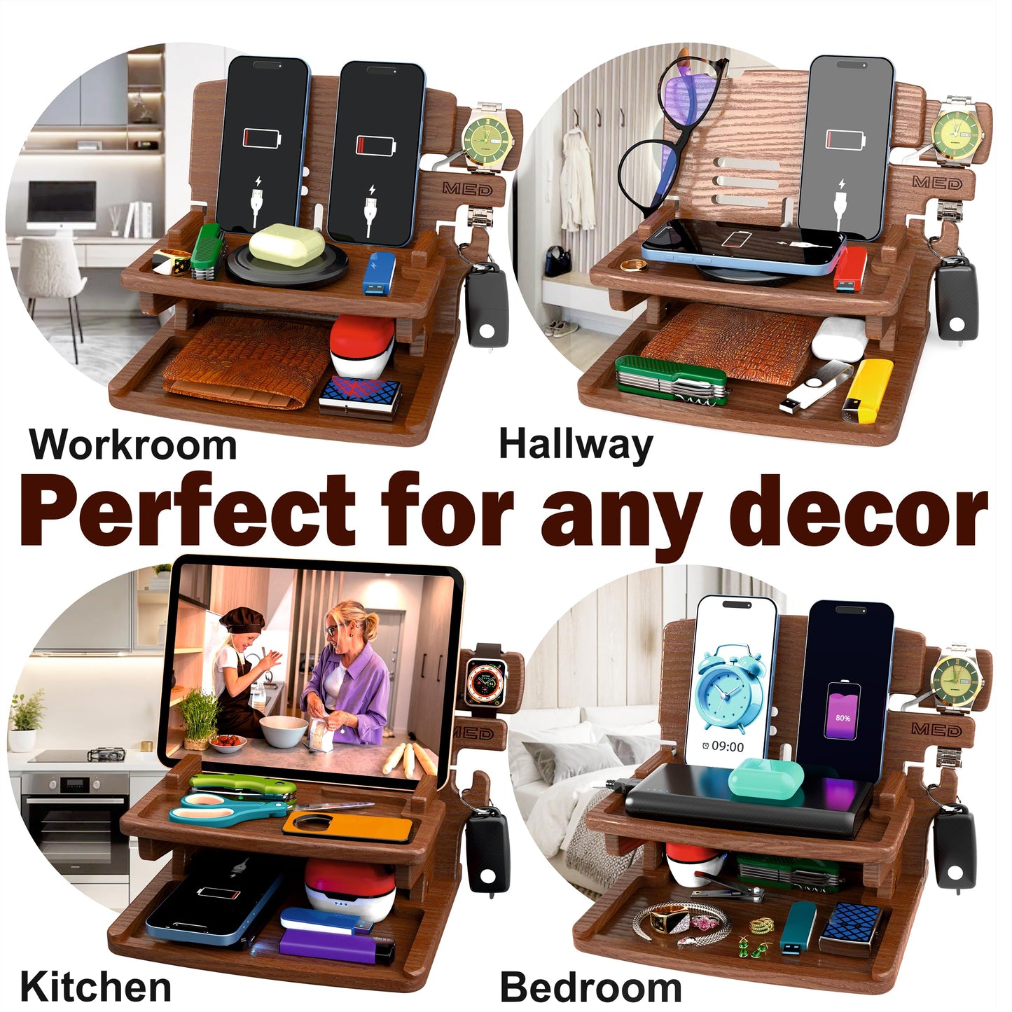 MED Wood Phone Docking Station for Men - Desk or Nightstand Organizer - Birthday Gifts for Husband, Dad - Anniversary Idea from Wife - Key Holder, Stand Wallet, Watch & Essentials (Dark Walnut)