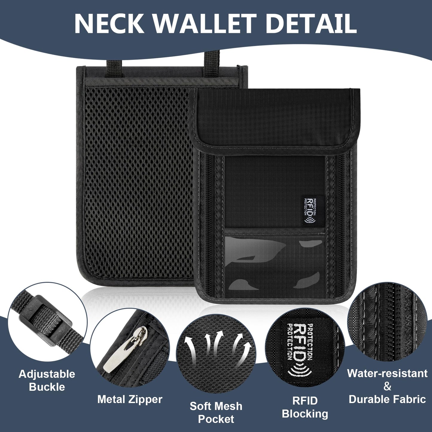 Likesing 5.5" L x 7.7" W Travel Neck Wallet, RFID Blocking Passport Holder for Travel Women Men, Security Passport Travel Wallet with 10 Card Slot, Neck Pouch Gifts for Traveling Family (Black)