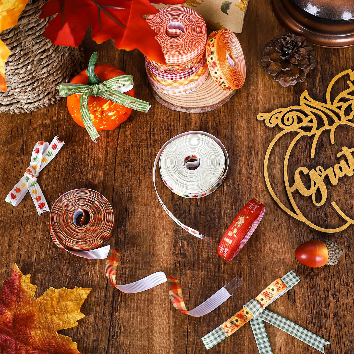 Whaline 120 Yards 24 Rolls Fall Thanksgiving Ribbons Pumpkin Maple Buffalo Plaids Leaves Printed Grosgrain Ribbons Autumn Harvest Thin Ribbons for Fall Craft Gift Wrapping Holiday Wedding Festival