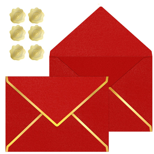 30 Pieces 5 x 7 Inches A7 Envelopes with V Flap Gold Foil Border, for Office, Business Envelopes Colored Envelopes for Gift Cards, Money,Wedding,Invitations, Graduation, Baby Shower (Red)