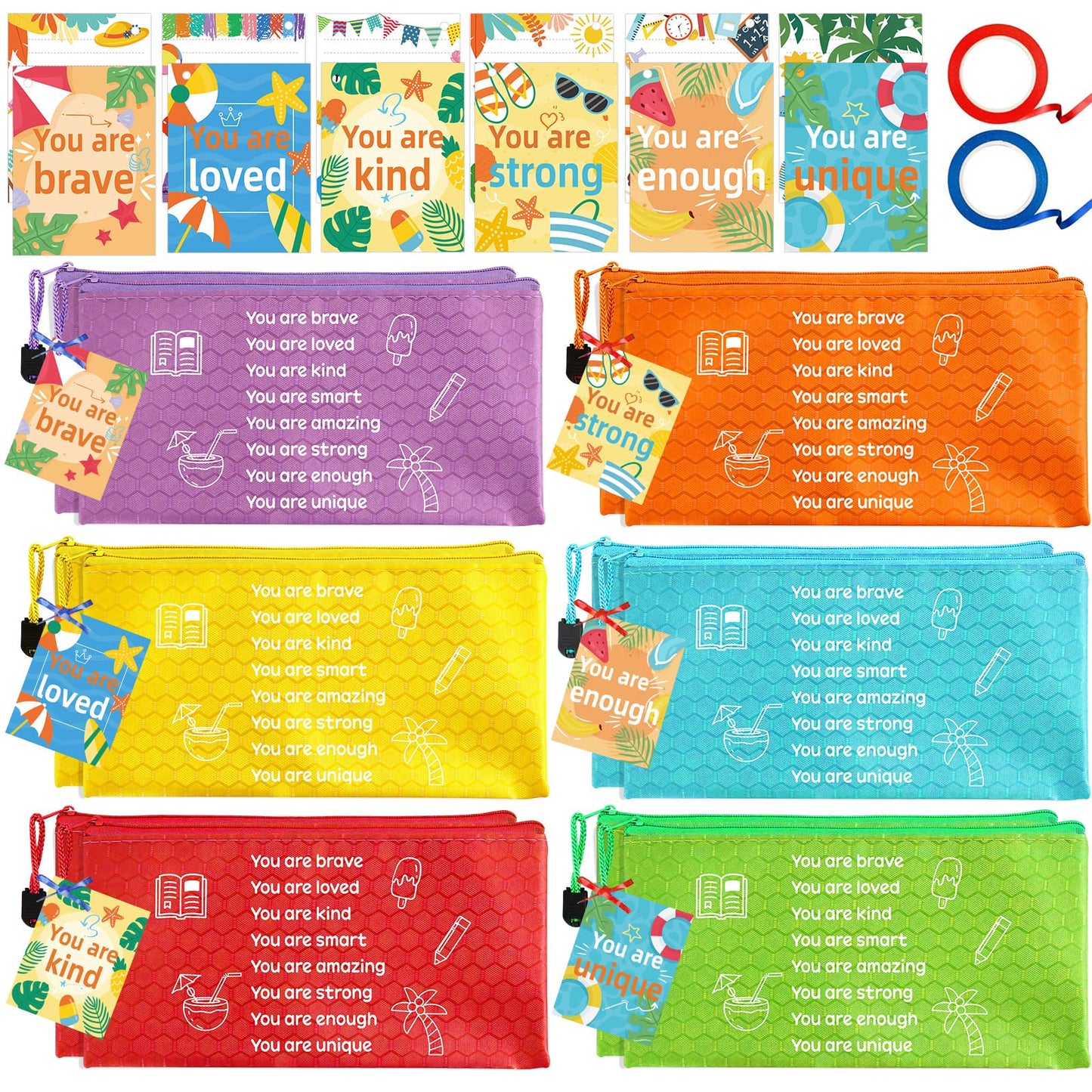 30 Sets 62Pcs End of Year Student Gifts from Teacher, Inspirational Rainbow Pencil Pouches Bulk, Summer Greeting Cards with Ribbons, Perfect for Classroom Rewards, Graduation and Summer Party Gifts