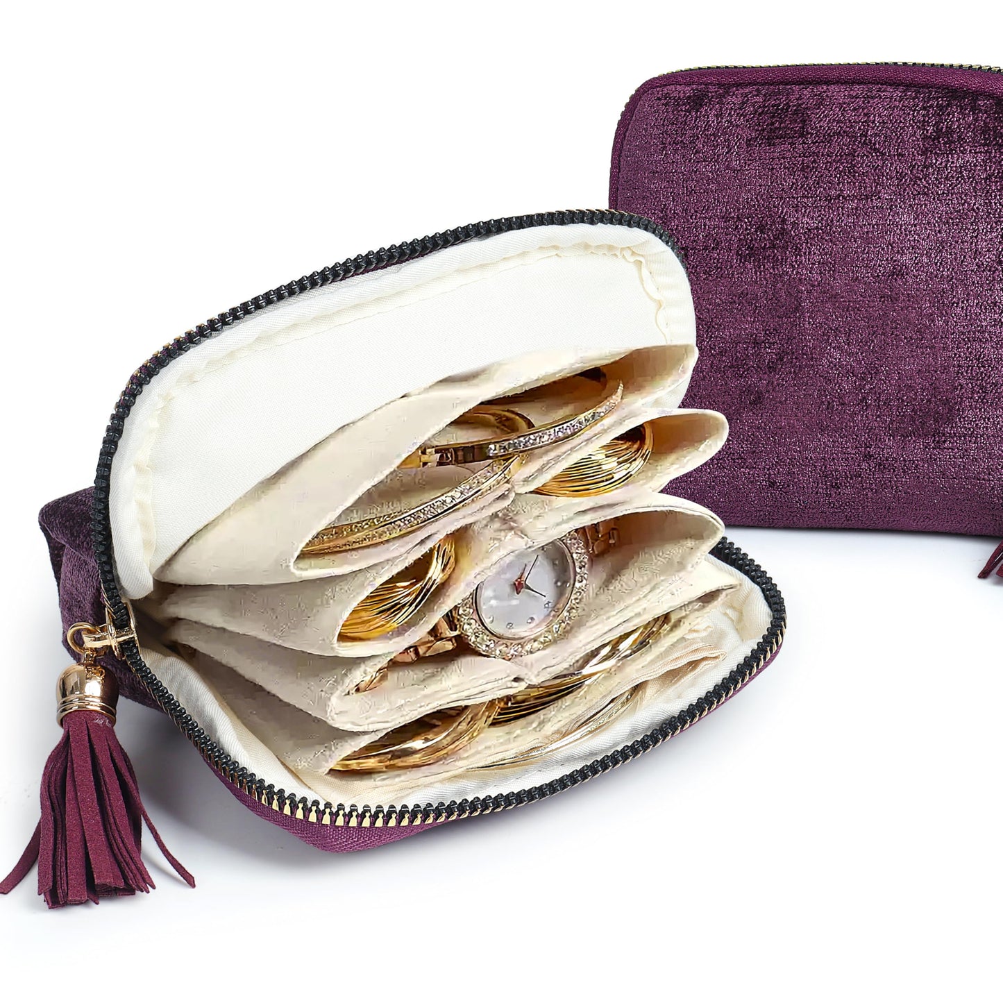 LOTOFUN Small Travel Jewelry Case: 5-Layer Individual Pouch Soft Velvet Bag Organizer With Zipper For Bracelets Bangles Protect From Tangle Scratch For Fashion Traveler Enthusiasts(Dark Purple)