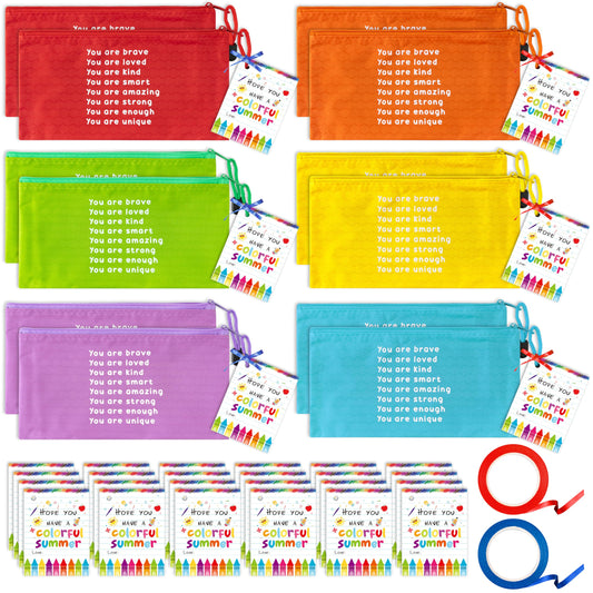 ANGOLIO 50Pcs End of Year Student Gift Includes Motivational Rainbow Pencils Pouch with Gift Inspirational Cards Hope You Have a Colorful Summer and Ribbons Stationary for Students Gifts Supplies