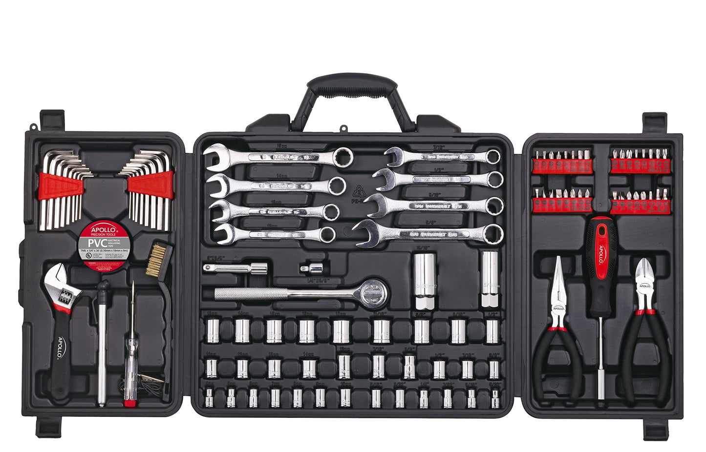 Apollo Tools 101 Piece Mechanic Tool Set for Roadside Emergencies. SAE and Metric for Mechanical Repairs for Boating, RV, Bikes, in Compact Carrying Case - Red - DT0006
