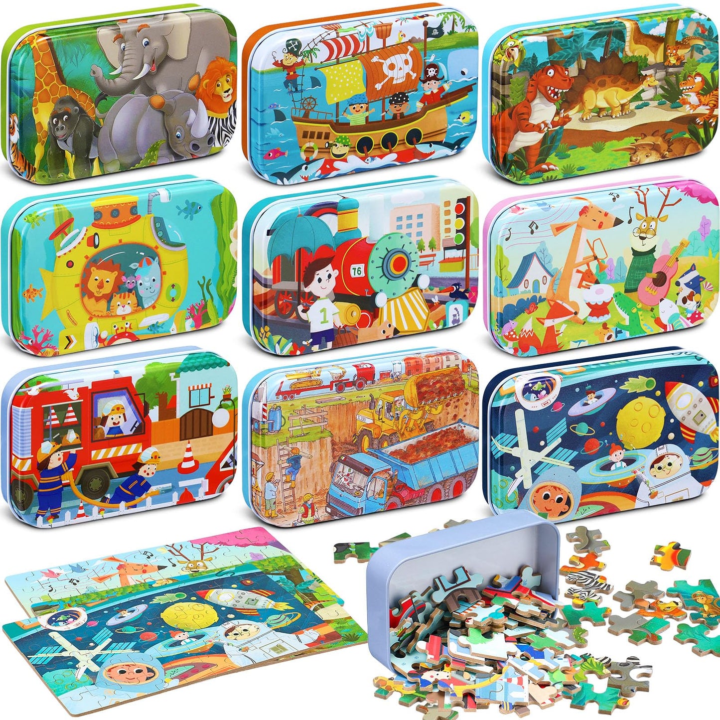 Libima 9 Boxes Party Favors Jigsaw Puzzles in a Metal Box for Birthday Favors Supplies Wooden Puzzle Gifts, 9 Styles, 60 Pieces Each(Delicate Style)