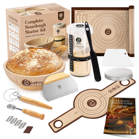 Sourdough Starter Kit with 9" Round Banneton Proofing Basket and 24oz Starter Jar - Beginner-Friendly Sourdough Bread Baking Supplies and Baking Gifts for Women, Men, and Bread Bakers