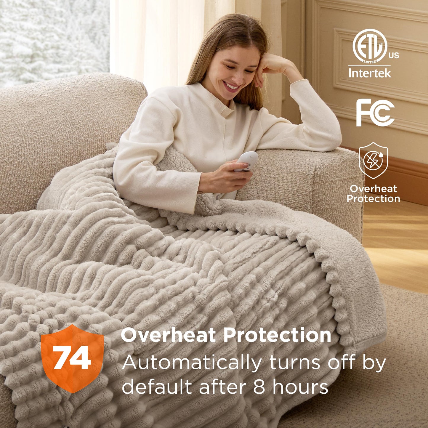 Bedsure Heated Blanket Electric Throw - Thick Striped Flannel Electric Blanket, Heating with 6 Time Settings (Up to 10H), 6 Heat Settings & 8Hr Timer Auto Off, Gift for Grandma (50x60 inches, Linen)