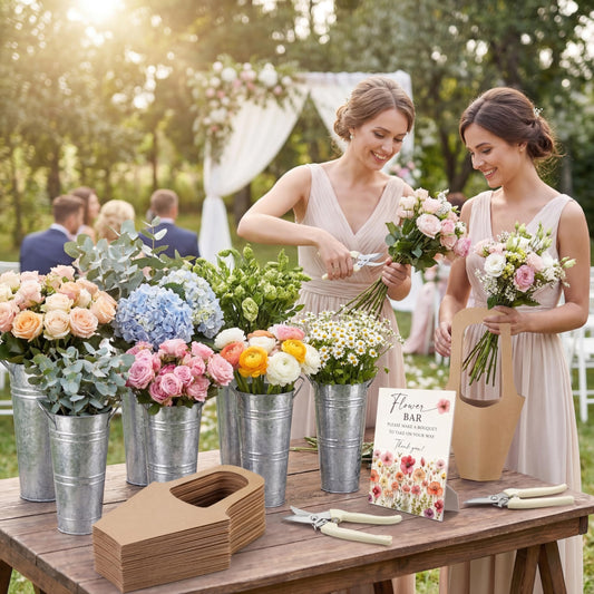 LEIFIDE Flower Bar Buckets Set Kit Bloom Bar Supplies Include Wood Sign Gift Bags Iron Bucket Garden Flower Shears for Wedding Bridal Shower Graduation Birthday Table Centerpieces(39 Pcs,Silver)