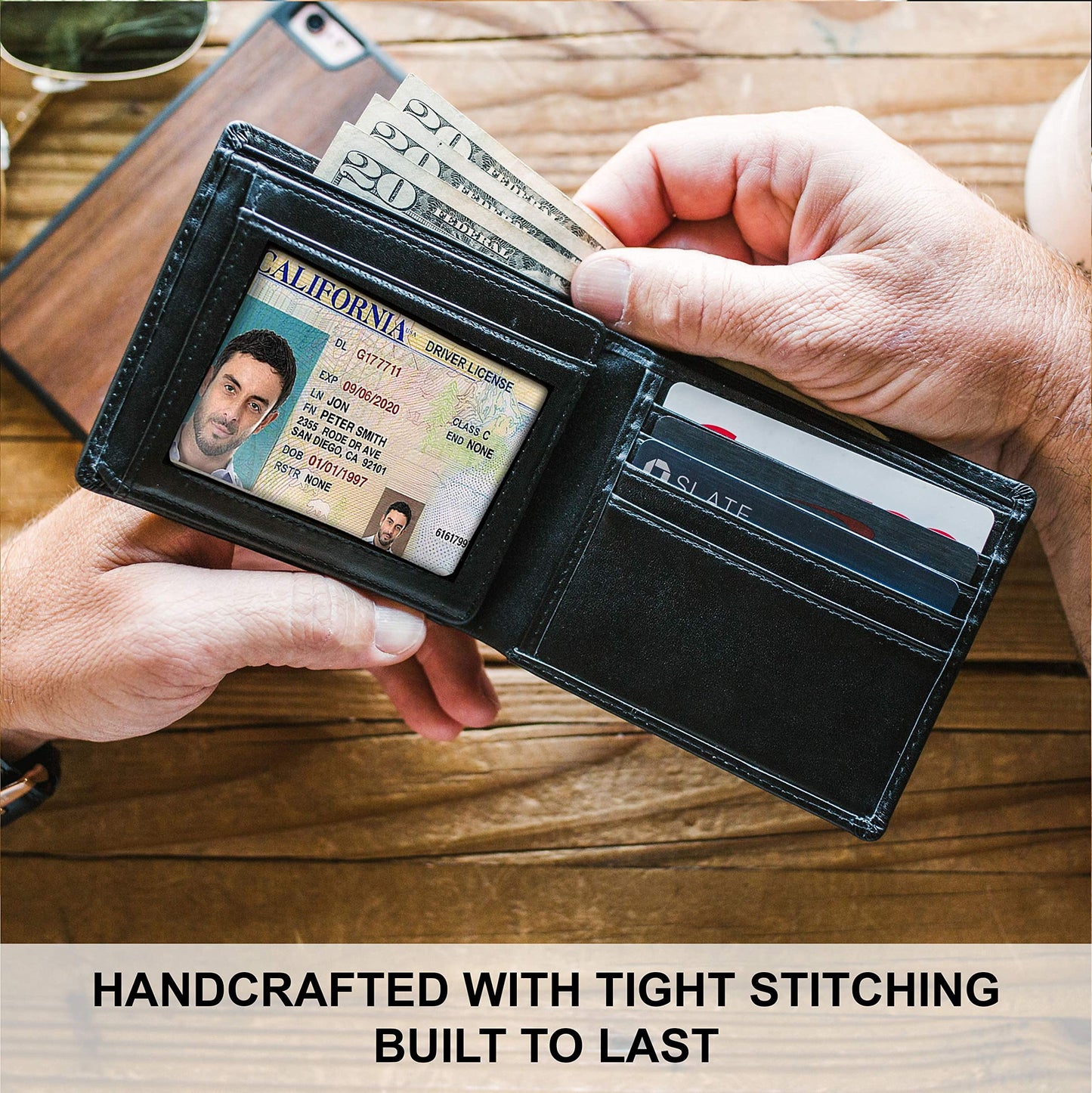 Top Grain Leather Wallet for Men | RFID Blocking | Extra Capacity Bifold Wallet with 2 ID Windows | Ultra Strong Stitching | Slim Billfold with 8 Card Slots | Gift for Him