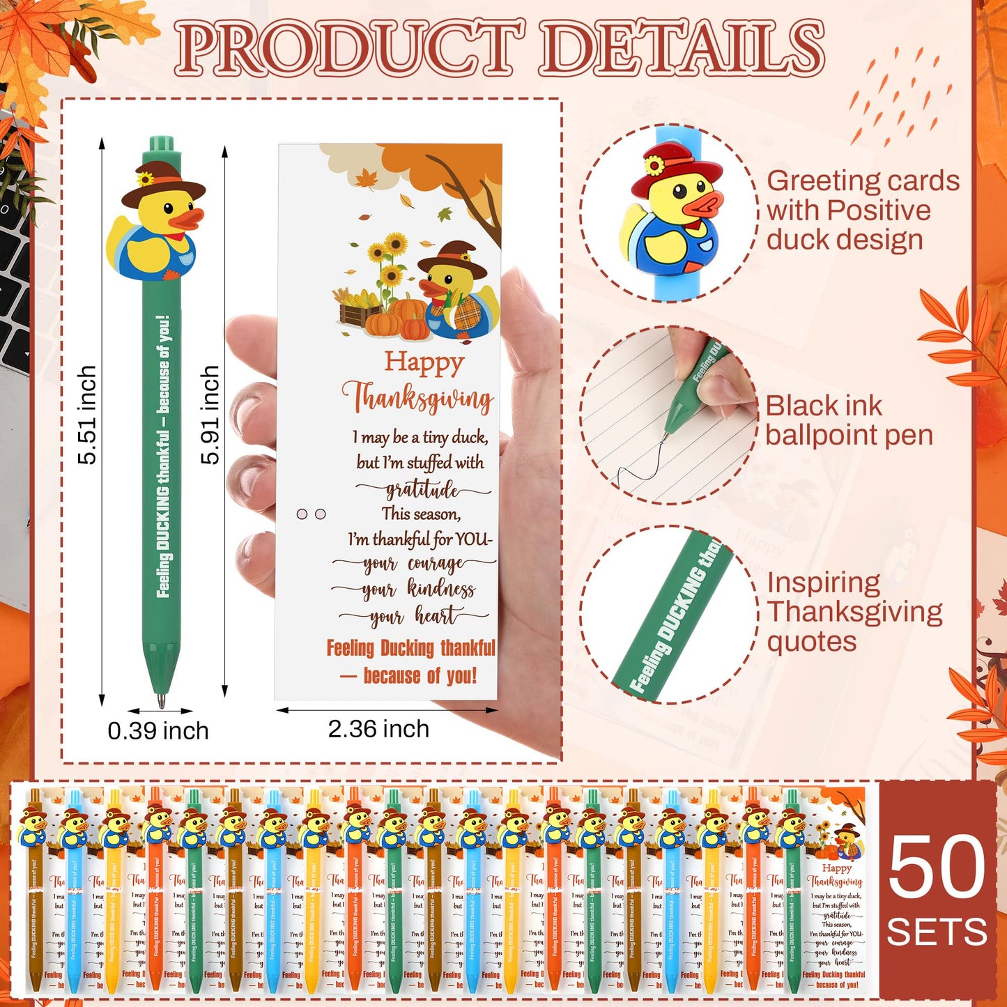 Sinload 50 Sets Thanksgiving Gifts Bulk Fall Appreciation Pens Gifts with Scarecrow Rubber Duck Pen Fall Season Thank You Greeting Card Thanksgiving Party Favor for Classroom Employee Coworker