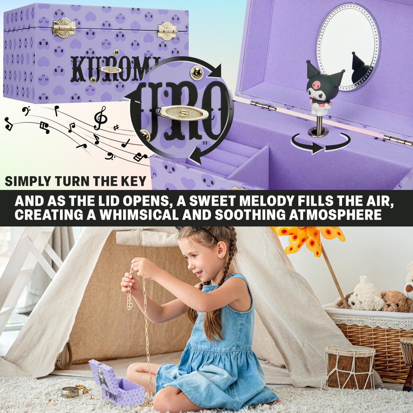 Hello Kitty Sanrio Kuromi Musical Jewelry Box for Girls Teens Women Kawaii Wind Up Music Box Jewelry Organizer Ring Holder Gifts for Women (Purple Kuromi)