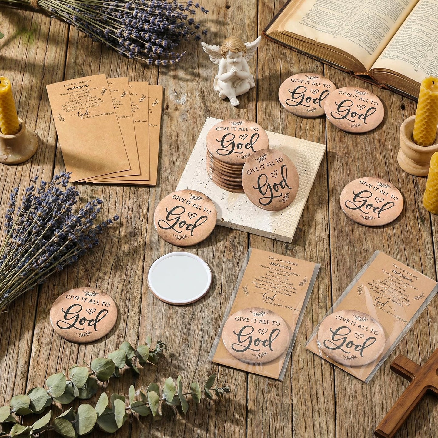 Landical 25 Sets Christian Gifts for Women Bulk Pocket Mirrors with Cards Bags for Mothers Day Stuffers Church Party Favors Religious Gift Bag Fillers, Give It All to God
