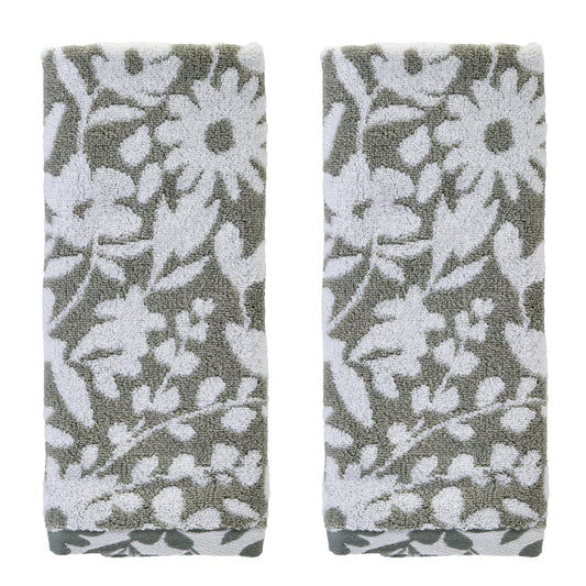 SKL Home Bedford Floral 100% Cotton Premium 2-Piece Hand Towel Set, 600 GSM, Soft & Absorbent, Reversible Jacquard, Decorative for Bath/Kitchen/Bar & Gift, Sage